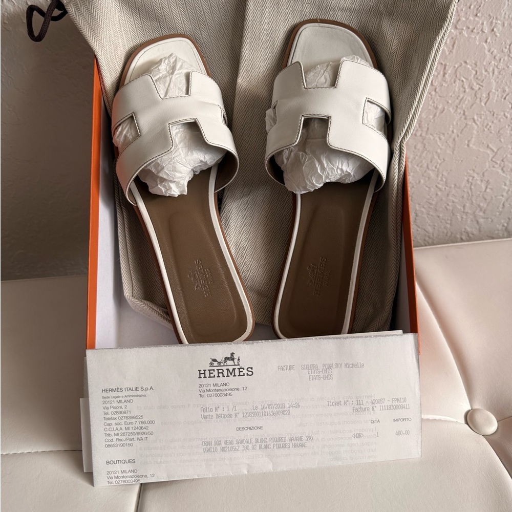 Hermes Oran White Women's Slide Sandals - size 39